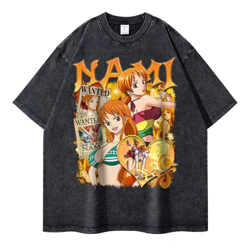 Nami T-shirts Oversized Streetwear Vintage Washed Anime One Piece T Shirt  Short Sleeve Manga Ace Sanji Luffy Zoro Tops Tees Man